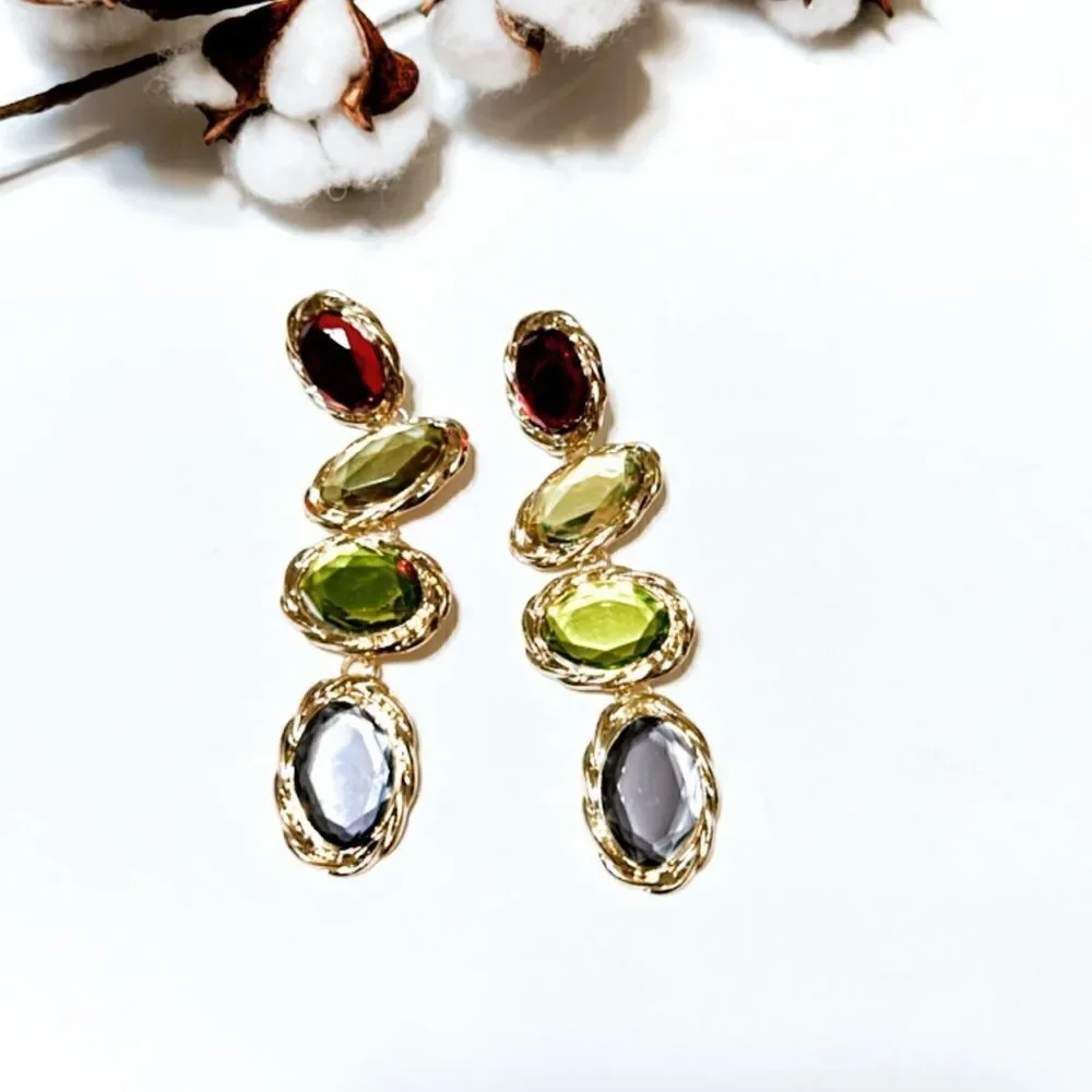 Zara Multicolor Gem Drop Earrings - Red, Orange, Yellow, Green, Purple